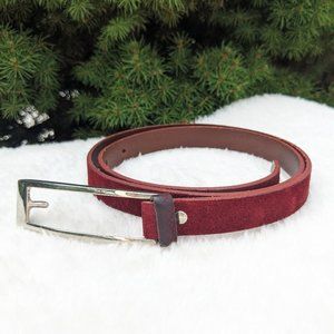 Vintage 70s Dark Red Brown Suede Leather Belt w Rectangular Silver Pin Buckle
